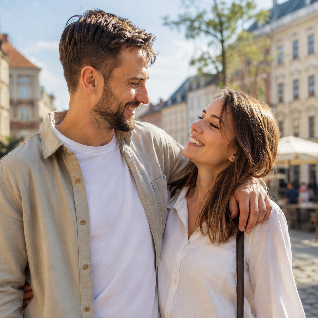 A couple walking in Poland